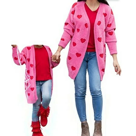 

Sunisery Mommy and Me Heart Print Long Sleeve Open Front Cardigan Sweater Family Matching Casual Outwear Coat Outfits with Pockets