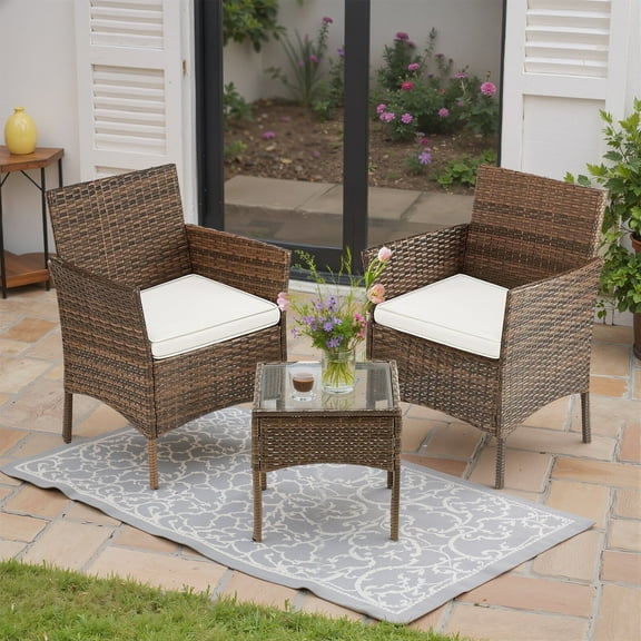 Patio Furniture Set, 3 PCS Rattan Patio Chairs Conversation Sets with Coffee Table and Cushion, Outdoors Wicker Bistro Chair Sets, Weather-Resistant, Beige