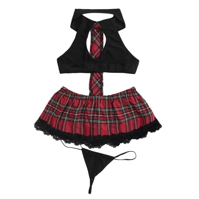 Gibobby Conjunto de lencería de encaje Conjunto de falda a cuadros para mujer con ribete de encaje y falda(Negro, CH)