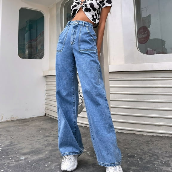 Byworldtasic Womens Jeans Womens Fashion Elastic Waist Wide Leg Baggy Denim Pants Straight Washed Loose Jeans Blue