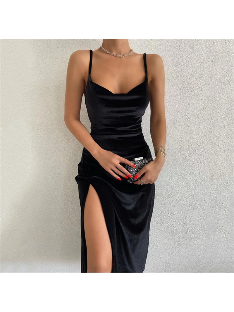 solid satin ruched split midi cami dress Women's Spaghetti Straps Sleeveless Solid Velvet Cami Dress Ruched Side  Split Bodycon Club Party Midi Dresses