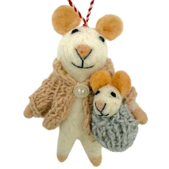 Mouse Ornament – Felted Wool White Mice Mom and Baby Christmas Hanging Handmade Holiday Decoration