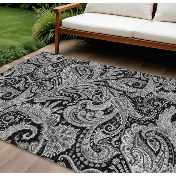 10' X 14' Black Gray And White Paisley Washable Indoor Outdoor Area Rug