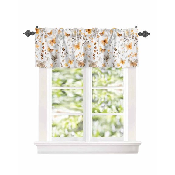 Window Valance for Kitchen,Watercolor Yellow Flowers Leaves Butterfly Rod Pocket Curtain Valances Short Curtains Drapes Panel,Retro Leaves Window Treatment Topper for Bedroom,54x18IN