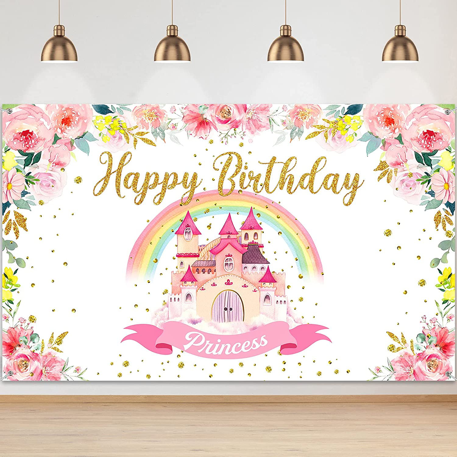 Princess Birthday Backdrop Royal Castle Birthday Rainbow And Flowe Girl  Happy Birthday Background Pink Castle Carriage Floral 