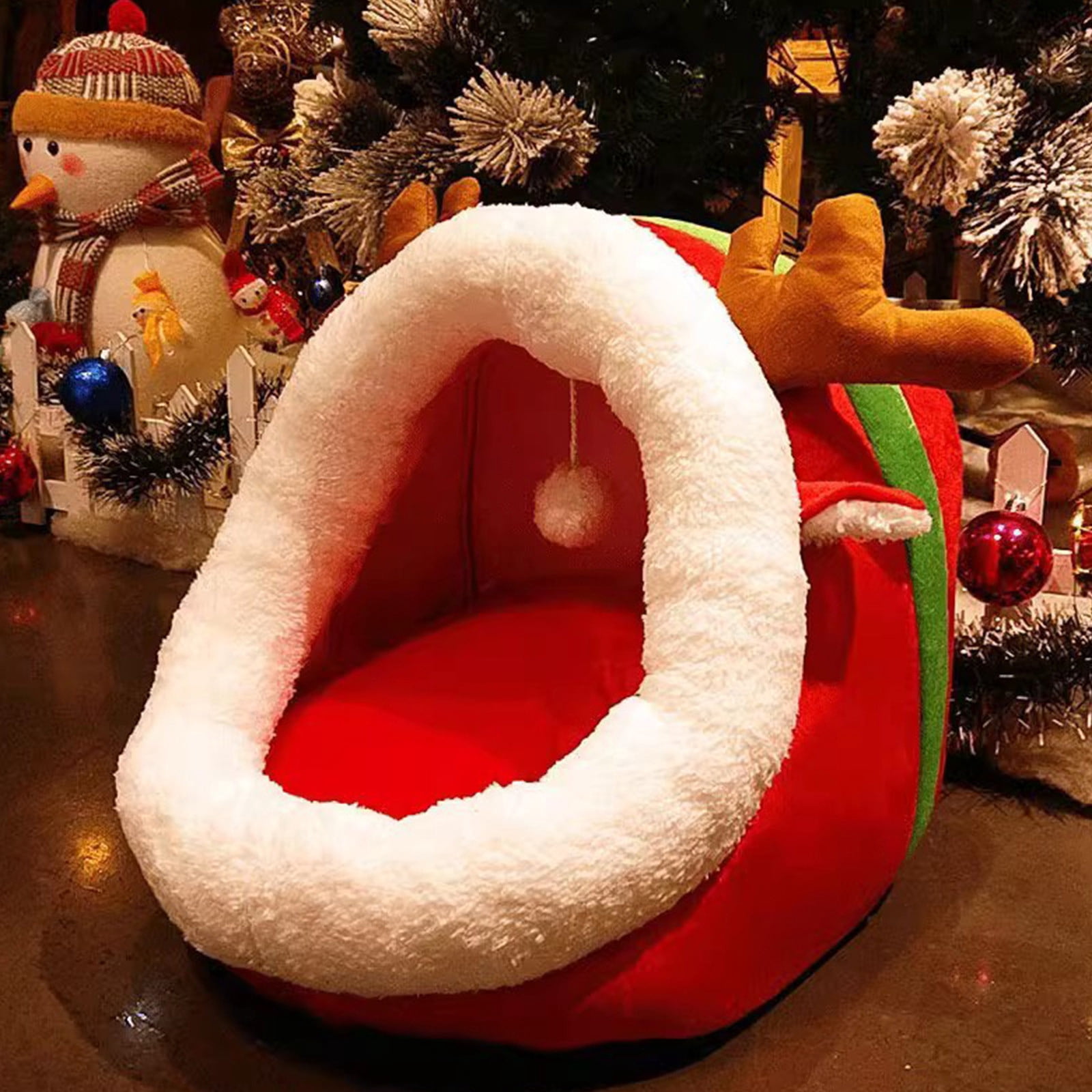 2025 Christmas Reindeer Pet Bed - 17" Orthopedic Dog Bed with Washable Cover (Holiday-Themed Semi-Enclosed Cat Bed for Small/Medium Pets)