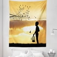 thumbnail image 1 of Nature Tapestry, Little Silhouette with a Bird Cage at Sunset in Forest Rural Trees Birds, Fabric Wall Hanging Decor for Bedroom Living Room Dorm, 5 Sizes, Marigold Black, by Ambesonne, 1 of 1