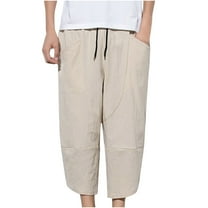 Lovskoo 2024 Mens Cotton Linen Capris Pants Solid Color Casual Trendy Loose Cropped Pants Beige 3XL