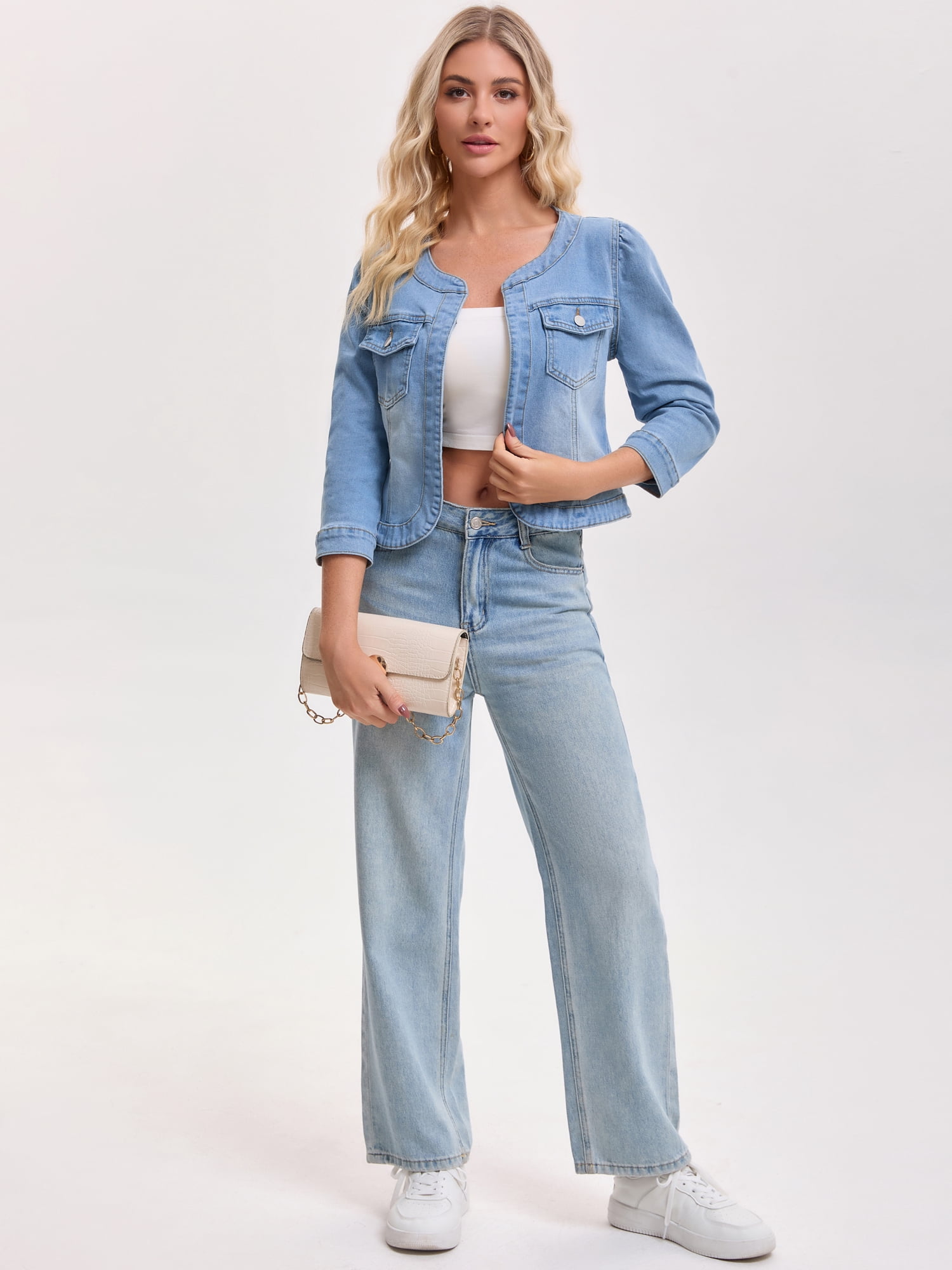 DARING DIVA Women's Collarless Cardigan 3/4 Sleeve Jean Jacket 2XL Light Blue