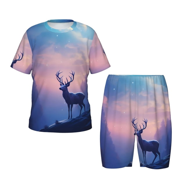 Balery Night Sky Elk Conjunto de Pijama Infantil de Manga Corta con Estampado – Ropa de Dormir de Algodón Suave-Medium