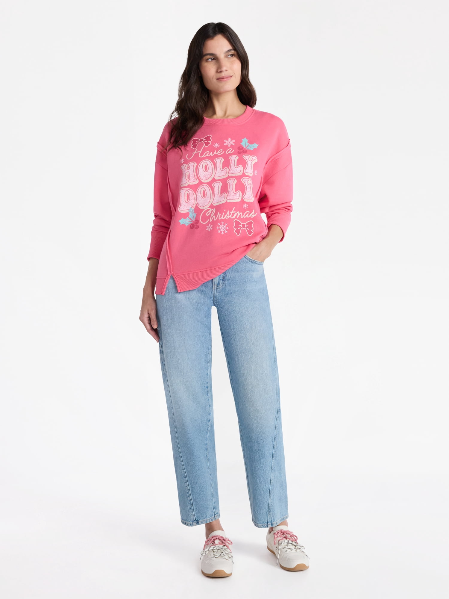 Time and Tru Women's Graphic Long Sleeve Sweatshirt, Holly Dolly Christmas, Sizes XS-XXXL