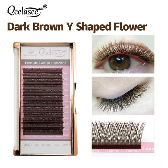 Qeelasee YY Eyelash Extension 0.07mm Darker Brown Y Shape Lash Natural Volume Individual False Eyelash Supplies D Curl 8-15mm