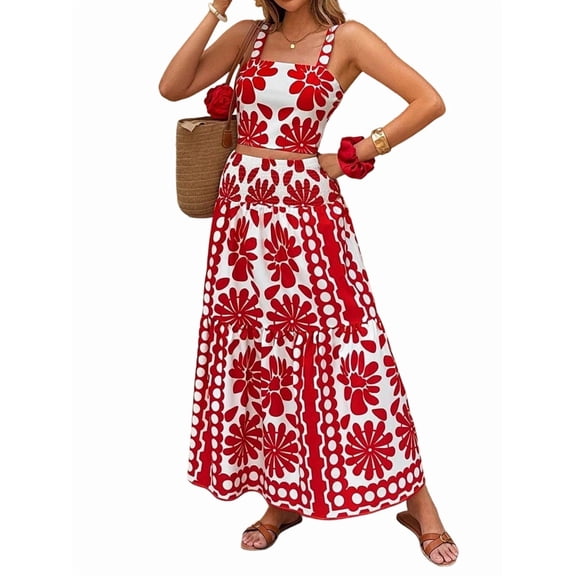 Women's Maxi Sets Print Top High Waist Outfits Skirt for Vacation Red XS