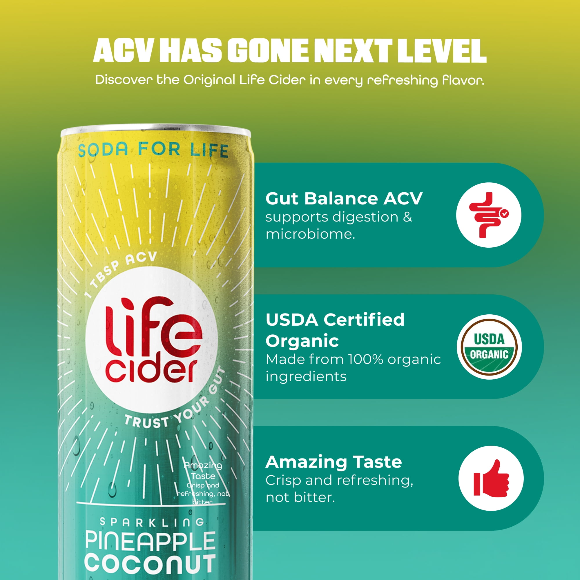 Life Cider Sparkling Apple Cider Vinegar Drink, Pineapple Coconut, Gut Balance, 12 Pack, 12 fl oz Aluminum Can