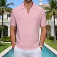 thumbnail image 2 of Men's Cotton Linen Polo Shirts Short Sleeve Striped V Neck Shirt Collared Beach Shirts Pink, 2 of 8