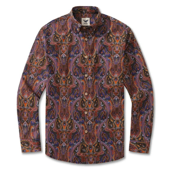 YIUME Men's Vintage Hawaiian Shirt Garden Under the Night Sky Cotton Long Sleeve Aloha Shirt