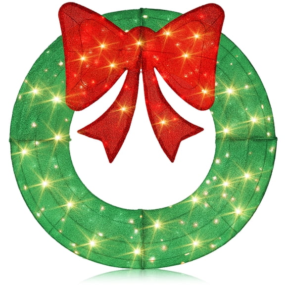 Gymax 48 Inch Pre-Lit Christmas Wreath w/ 200 LED Lights Red Bow Hanging Hooks