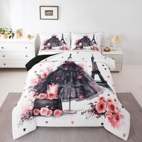 Castle Fairy Girls Romantic Eiffel Tower Twin Comforter Sets,Black Pink Dress Bedding Set
