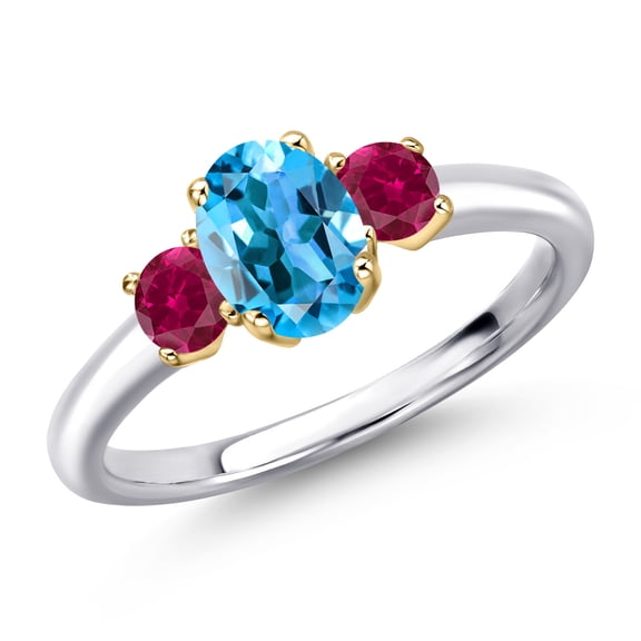 Gem Stone King 10K Two Tone Gold Swiss Blue Topaz and Red Created Ruby Engagement Ring for Women | 1.50 Cttw | Oval 7X5MM | Gemstone November Birthstone | Size 9