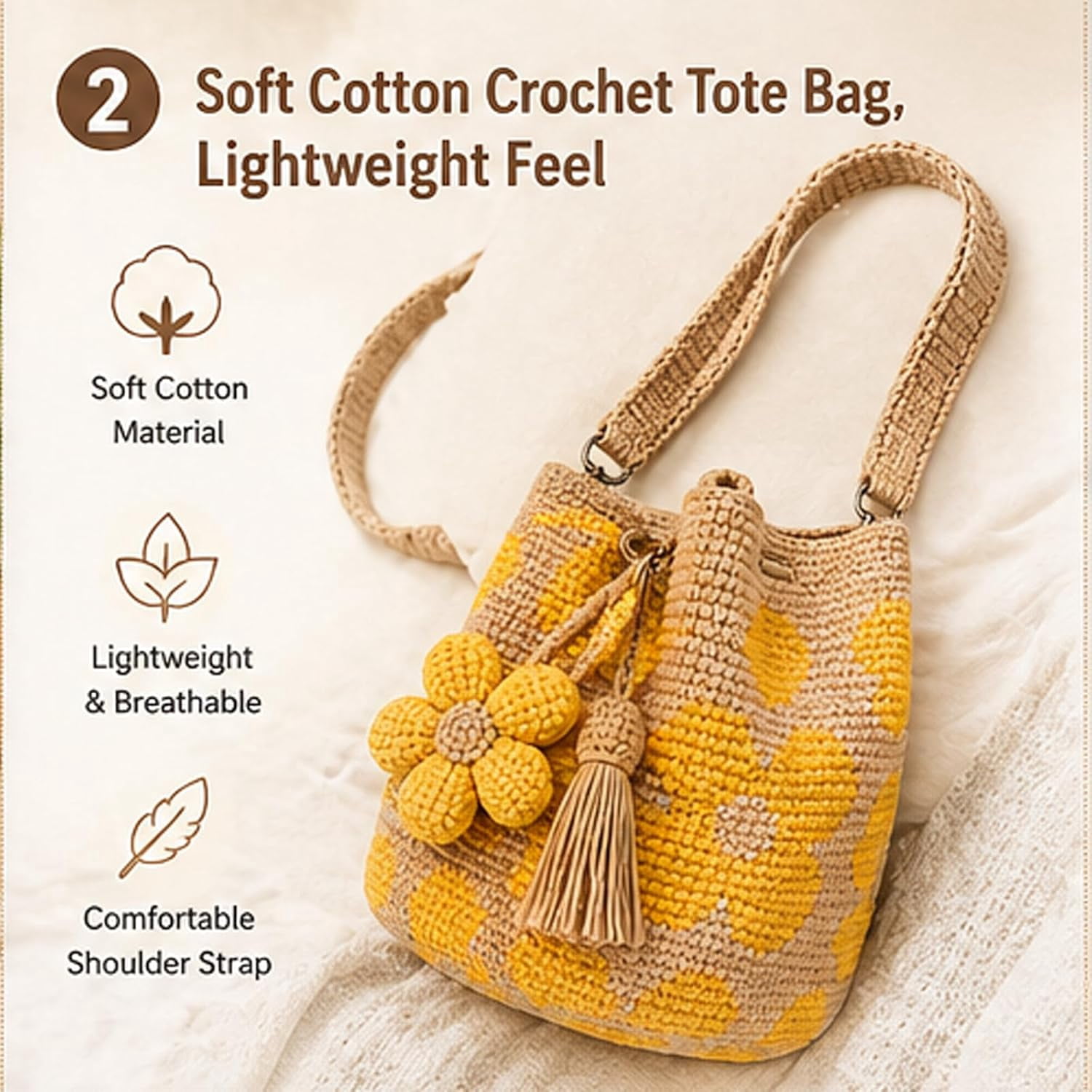 Handmade Crochet Flower Tote Bag for Women, Boho Floral Knit Shoulder Bag, Lightweight Crochet Purse with Tassel Charm