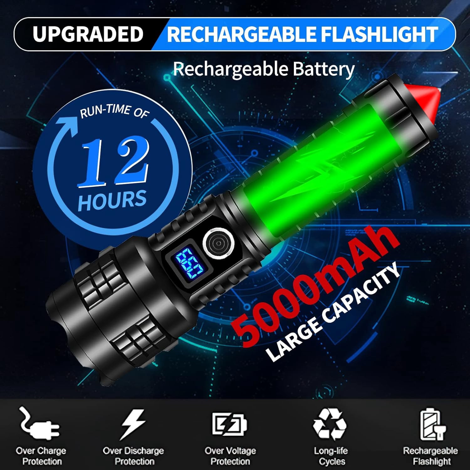 Rechargeable Flashlights High Lumens 990000 Lumens Laser Tactical Flashlights , 5 Modes Powerful Handheld Hunting Flashlight for Emergency Hiking Battle（Carry a safety hammer）