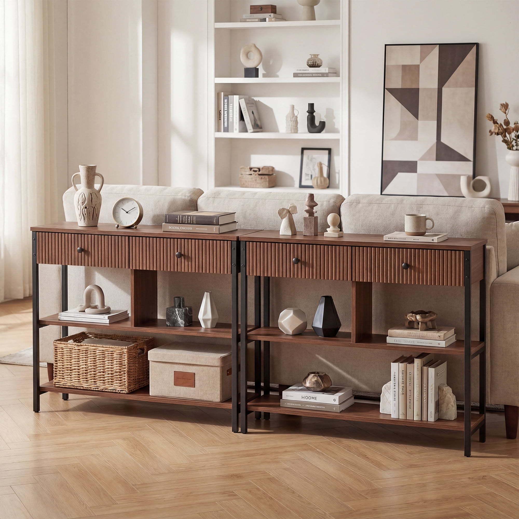 Manxile Fluted Wood Console Table with 2 Drawers, Mid Century Entryway Table with Open Storage Shelf, Walnut Oak