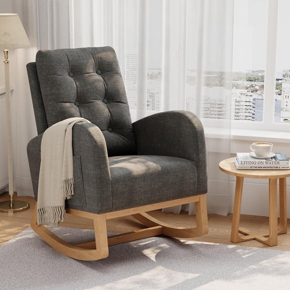 Modern Nursery Rocking Chair, Linen Upholstered Rocking Chair, Comfortable Rocker Recliner with Side Pocket, Rocker Glider for Living Room, Bedroom, Nursing Room, Grey