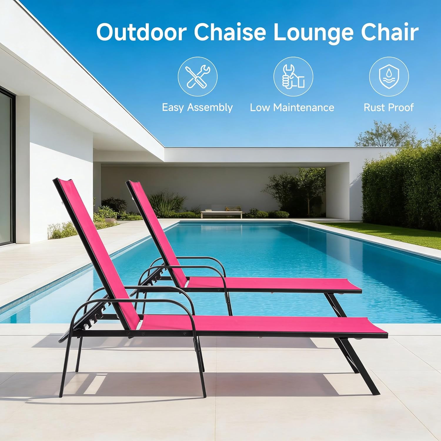 Simenmax Outdoor Folding Lounge Chair - Portable Recliner with Adjustable Backrest, 300lb Capacity, Stackable Design for Patio, Lawn, Beach - Dark Pink