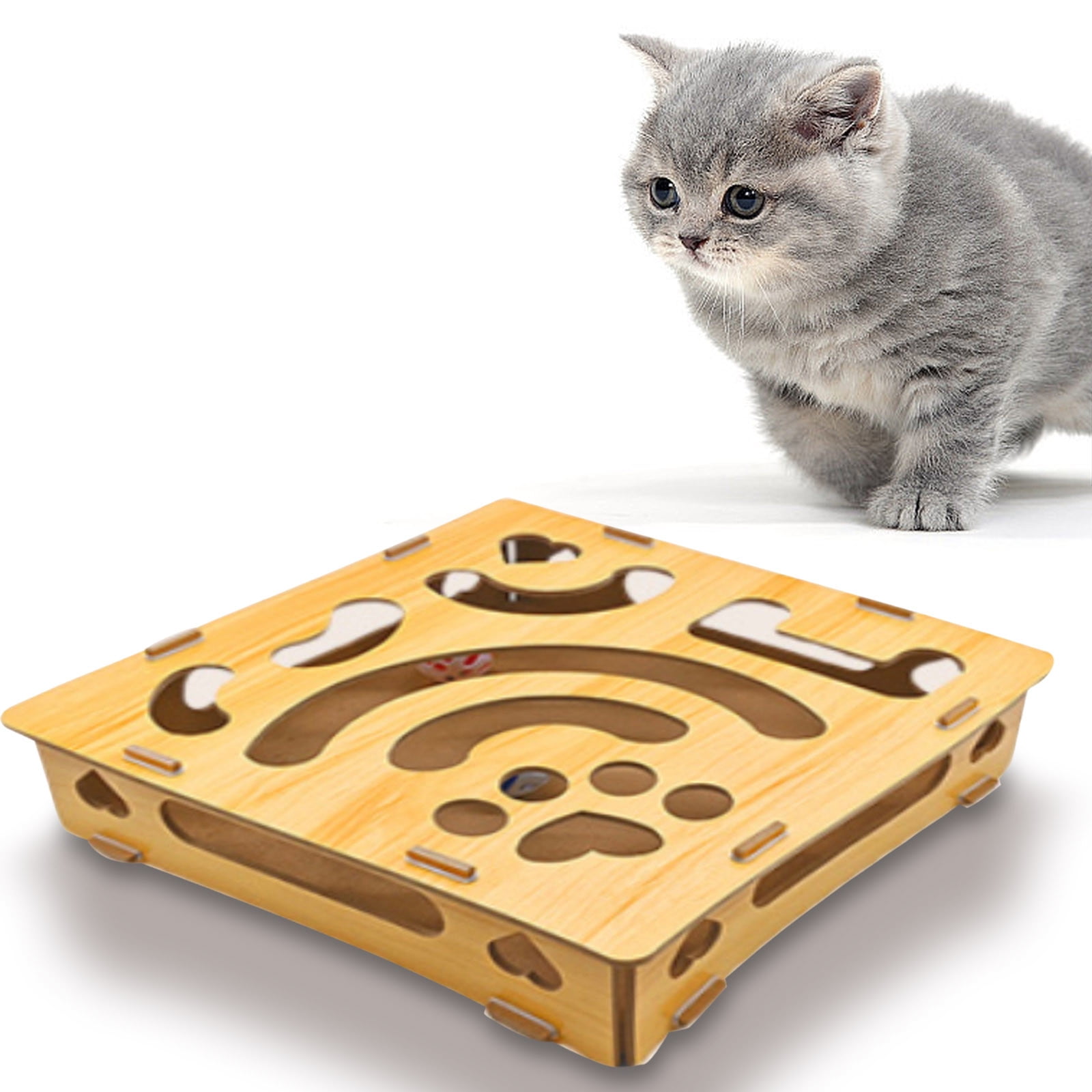 COM1950s Interactive Cat Puzzle Toy， Wooden Treat Maze Box and Brain Teaser， Engaging Puzzle Feeder for Indoor Cats， Wooden Maze Challenge