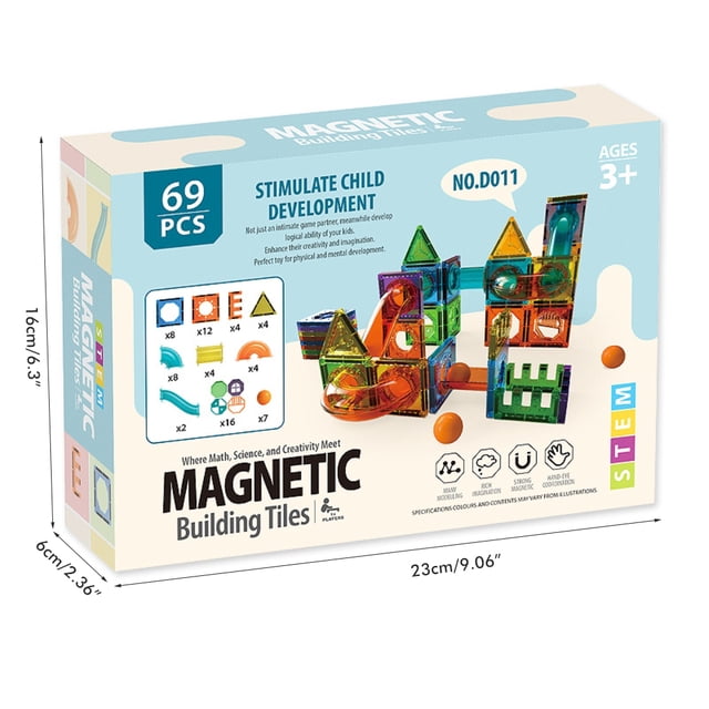 69 piezas de azulejos magnéticos, juguete de bloques de construcción, bloques de construcción magnéticos coloridos, juguetes educativos para niños