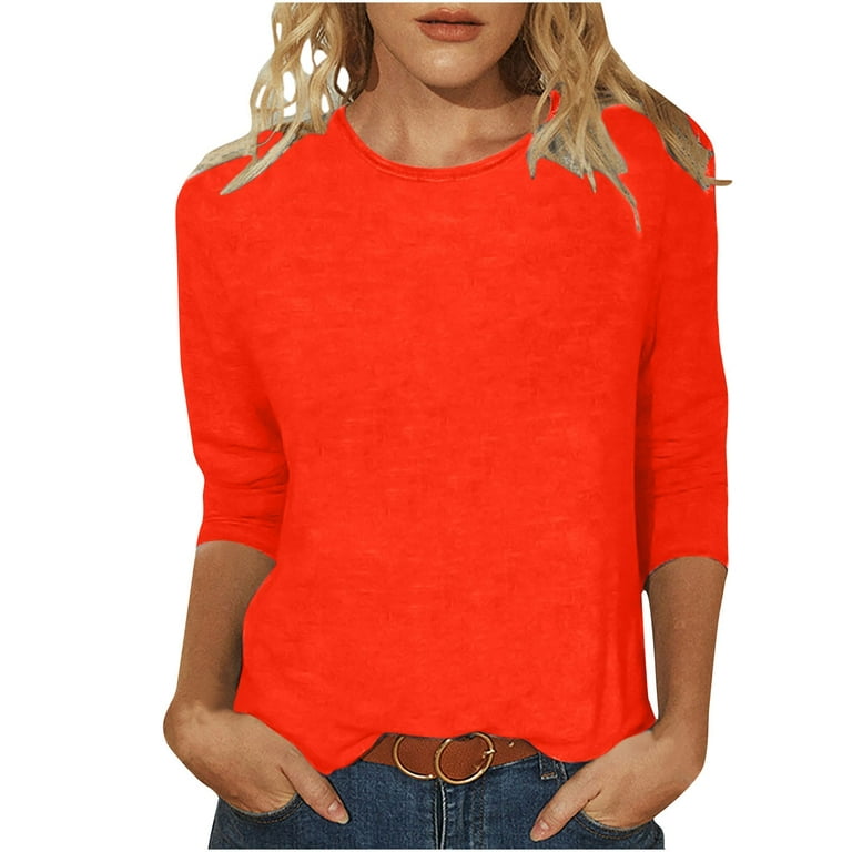 Mother's Day AXXD Womens Tops Clearance Under $10,Solid T-shirt 3/4 Sleeves  Blouse Round Neck Casual Tops Red Size S(US:4)