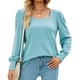 thumbnail image 1 of Blusa de punto con cuello cuadrado, mangas abullonadas y puños abotonados - Camisa informal azul verdosa, mangas largas, corte para mujer, talla L, 1 of 5