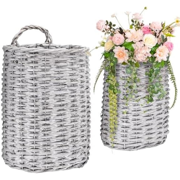 Set of 2 Wall Hanging Wicker Basket, Farmhouse Garden Hanging Planter Decorative Front Door Hanger Woven Rattan Flower Basket for Wall, Door, Living Room, Patio, 2 Sizes