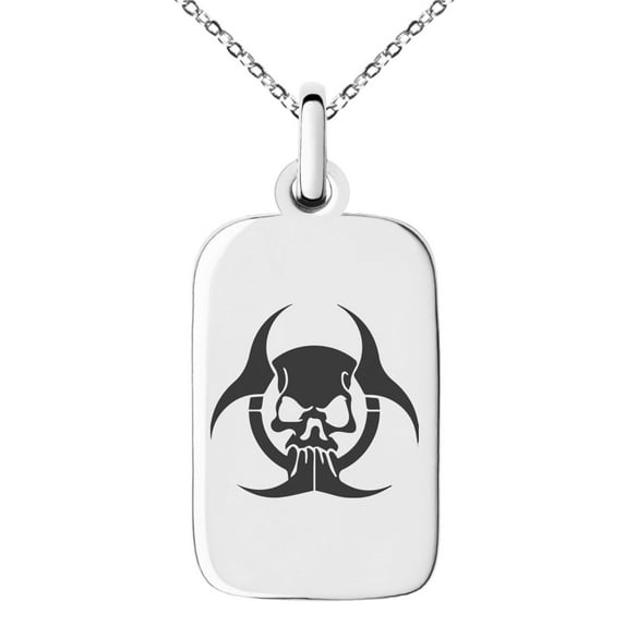 Stainless Steel Zombie Skull Biohazard Engraved Small Rectangle Dog Tag Charm Pendant Necklace