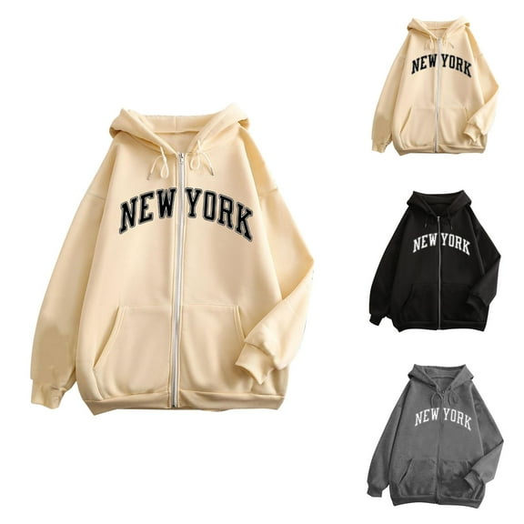 New York Hoodies for Women 2025 Long Sleeve Zip Up New York Hoodie with Pockets Hooded Sweatshirt Women Jacket