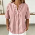 thumbnail image 2 of Daznico Women's Henley V Notch Neck Linen Blend Blouse Short Sleeve Casual Summer Loose Fit Solid Tops,M, 2 of 6
