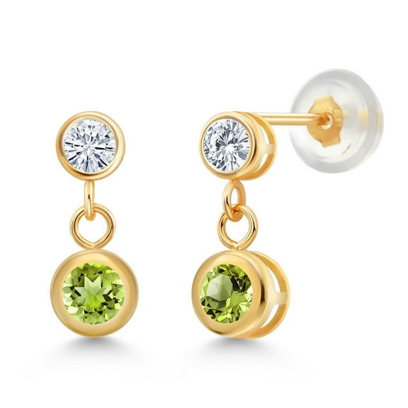 Gem Stone King 14k Yellow Gold Green Peridot and Moissanite Two Stone Dangle Earrings for Women (0.80 Cttw, Gemstone August Birthstone, Round 4MM, Round 3MM)
