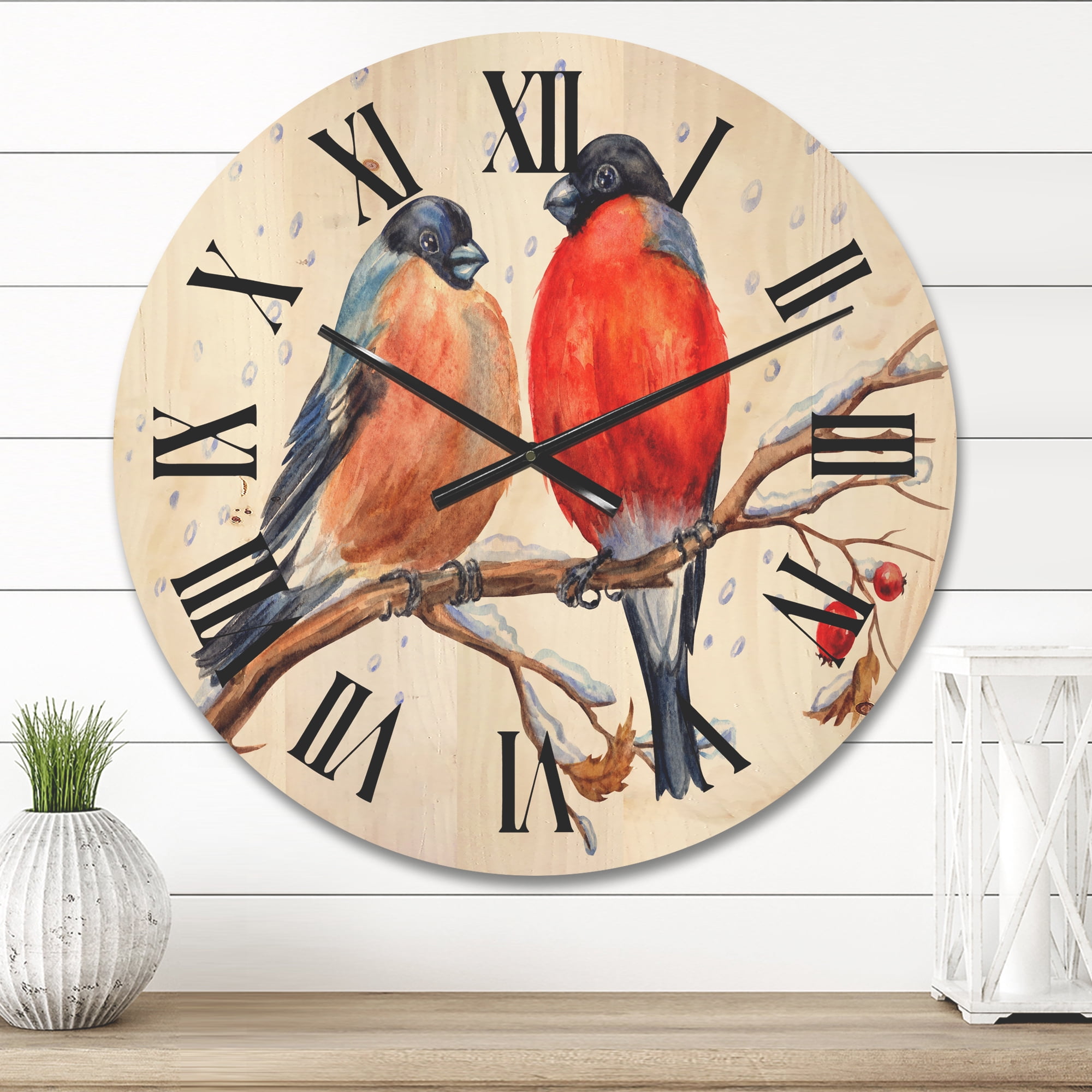 Designart 'Two Bullfinches On A Hawthorn Branch with Snowfall In Winter' Traditional Wood Wall Clock