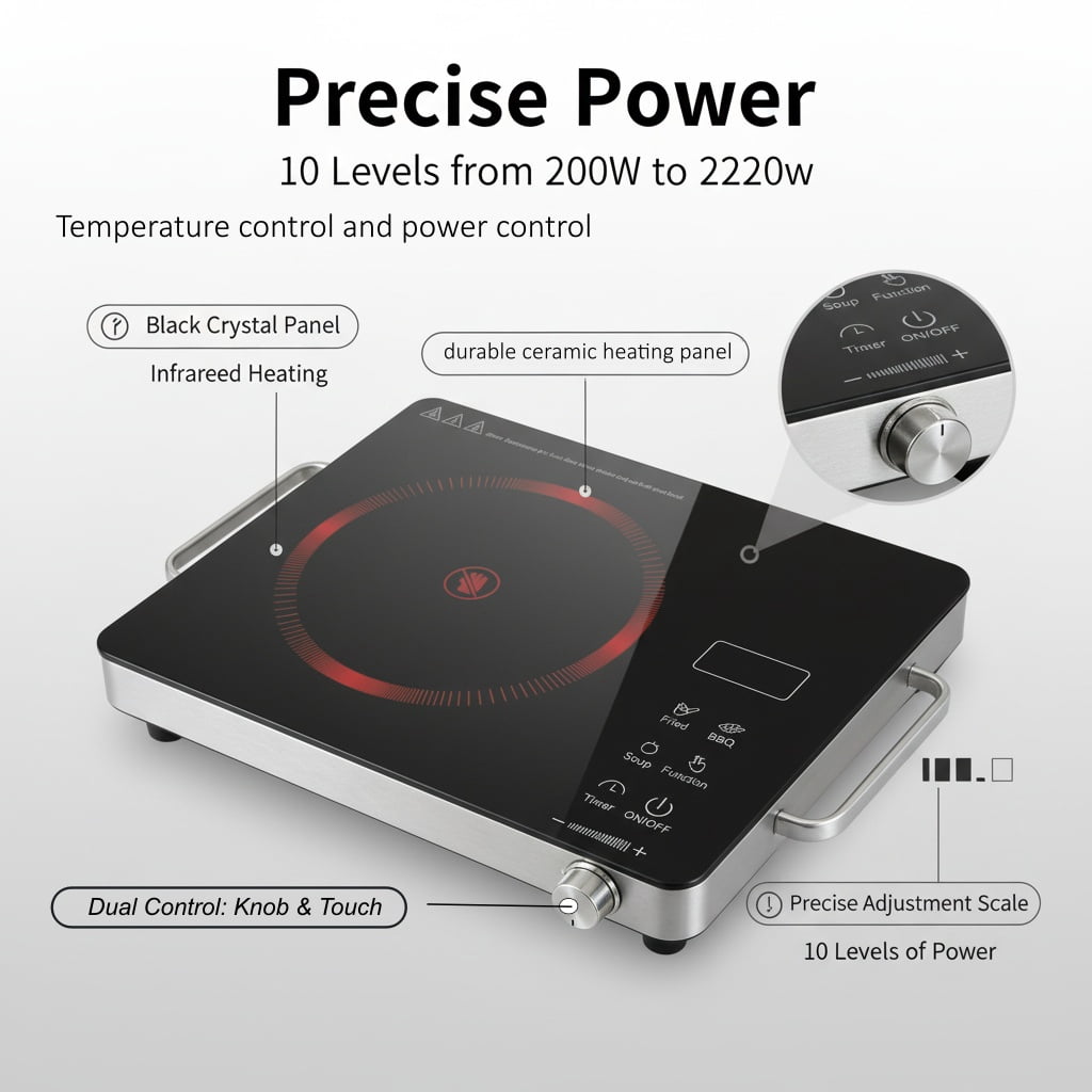 REDUSK Countertop Infrared Single Burner,2200W Single Burner Electric Cooktop, Hot Plate for Cooking, Electric Stove with Sensor Touch Control.