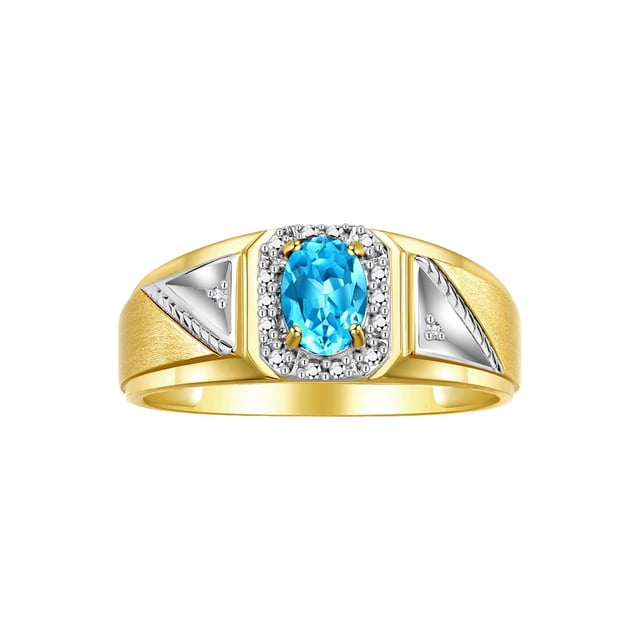 RYLOS Men's Rings 14K Yellow Gold Classic 7X5MM Oval Gemstone & Diamond Ring Blue Topaz December Birthstone Rings For Men Size 9