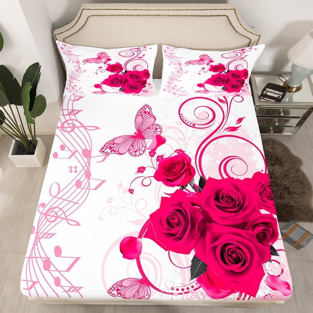 Erosebridal Drap-Housse Ajusté Rose Rose Floral Papillon Ensemble Jumeau, Literie Notes de Musique Mélodie Taille Jumeau, Microfibre 2 Pcs