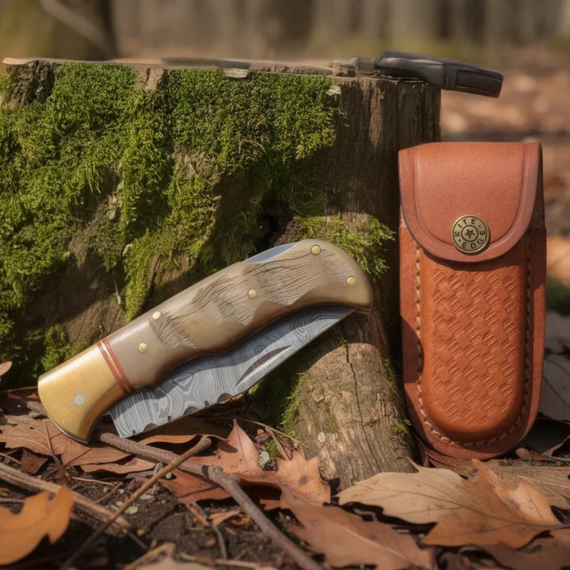 SANZ 3.75 Inch Lockback Folding Knife with Damascus Blade, Ram Horn Handle, Brass , File Work and Leather Sheath Pocket Knife