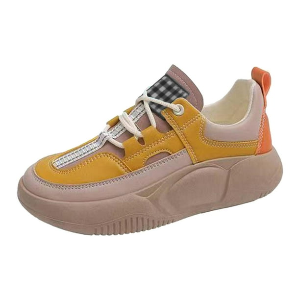 Zapatillas de plataforma para mujer, zapatillas de tenis antideslizantes con cordones para caminar y correr Amarillo