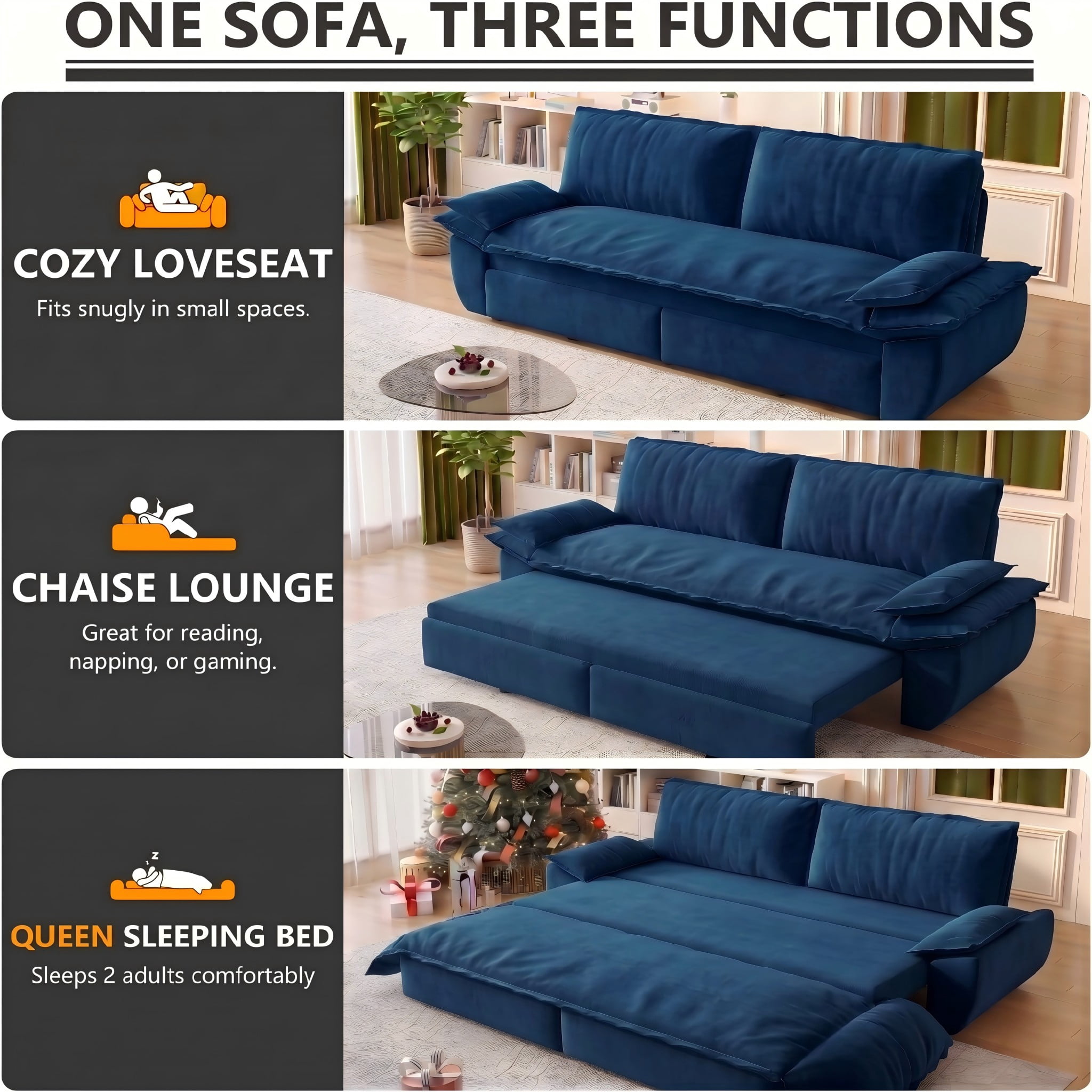 Multi-Functional Velvet 3-in-1 Convertible Sofa Bed, Queen Size Sleeper Loveseat with 2 Pillows, Dark Blue