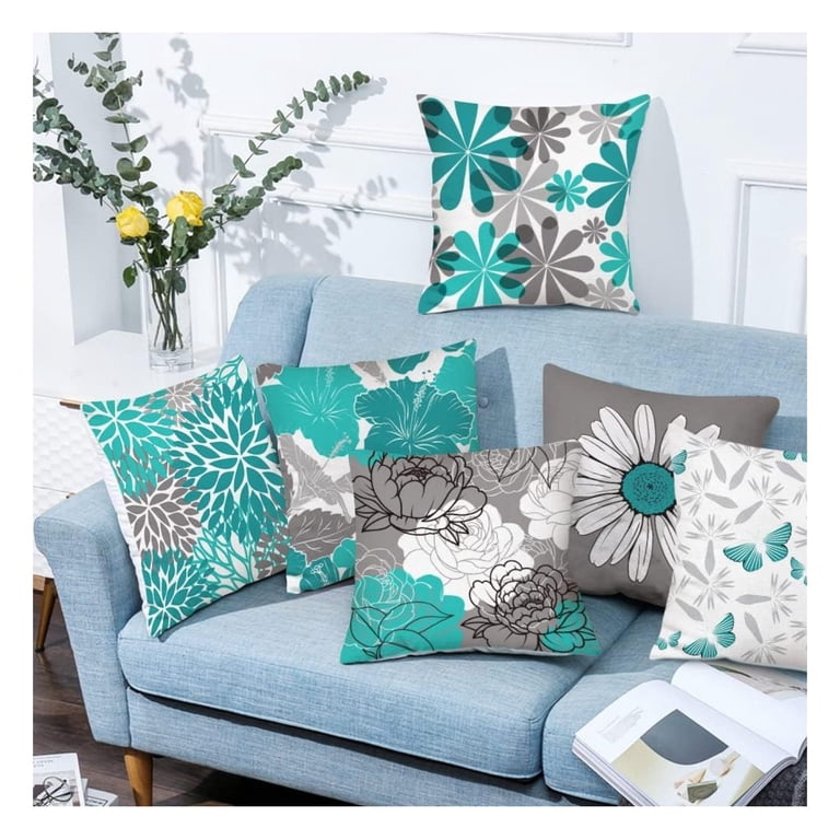 ZZYY Teal Grey Pillow Covers 16x16 Set of Decorative Flower