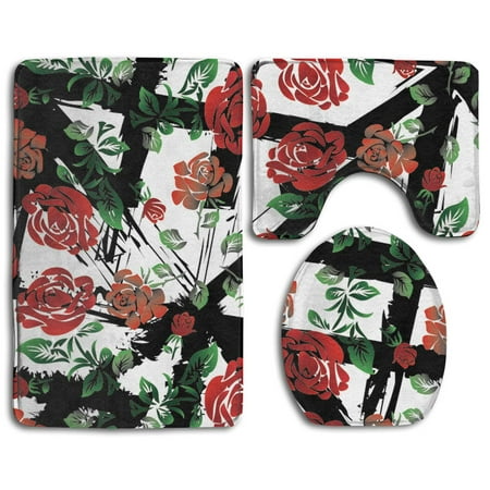 GOHAO Red Rose Flowers Abstract Grid Floral 3 Piece Bathroom Rugs Set Bath Rug Contour Mat and Toilet Lid