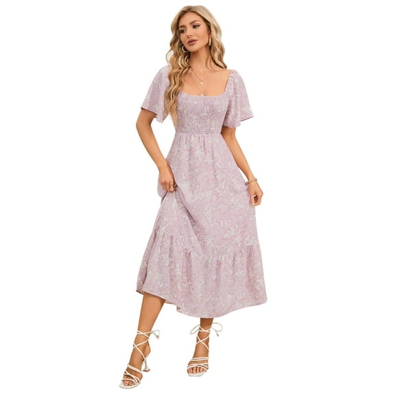 Yesfashion Maternity Dress Women's Summer Square Neck Smocked Maxi Dress Short Sleeve Pregnancy Dress