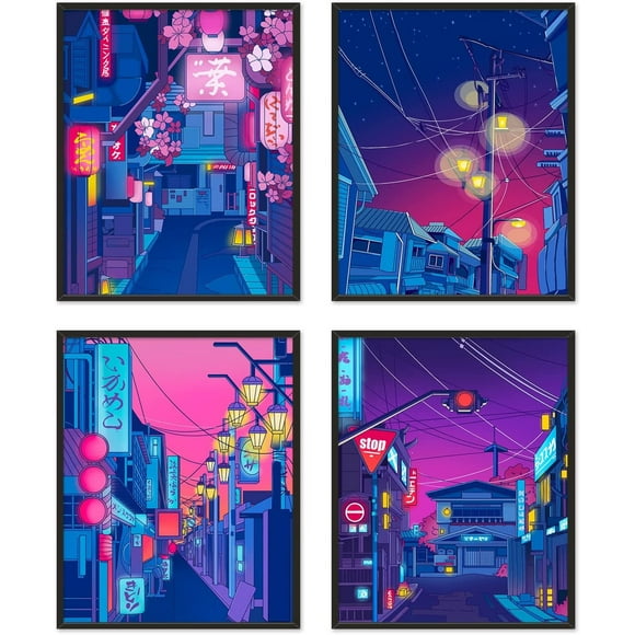 Anime Posters Japanese Wall Art Set of 4 - Anime Art Tokyo Streets in the Night Sky Wall Decor Poster for Living Room Bedroom Kitchen UNFRAMED 8x10 inch