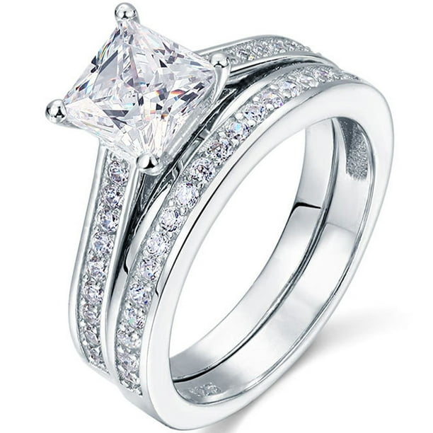 Conjunto nupcial JeenMata de moissanita de corte princesa de 1,50 quilates - Anillo de novia - Anillo con engaste de canal - Anillo hecho a mano - Chapado en oro blanco
