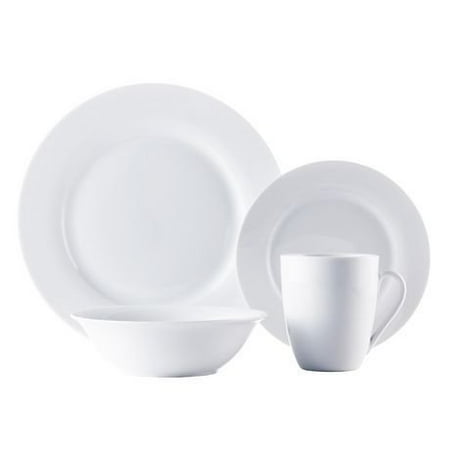 - ROSCHER Dinnerware Dish Set (16-Piece) White, Ceramic Round Rim Dishes | Dinner and Salad Plates, Appetizer Bowls, Drink Mugs | Classic Kitchen Style | Dishwasher Safe